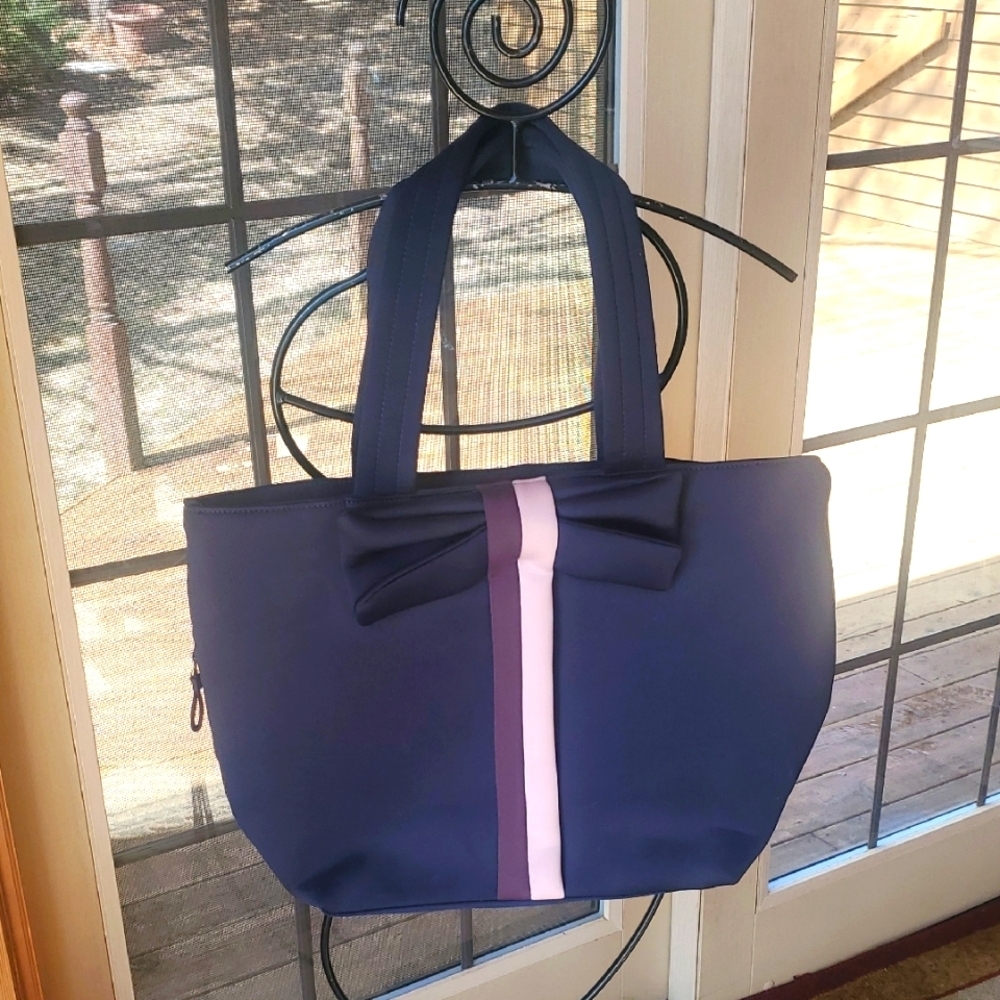 Stella & Dot Elegant Navy and Pink/Purple Bow Big Zippered Many Pockets Tote Bag